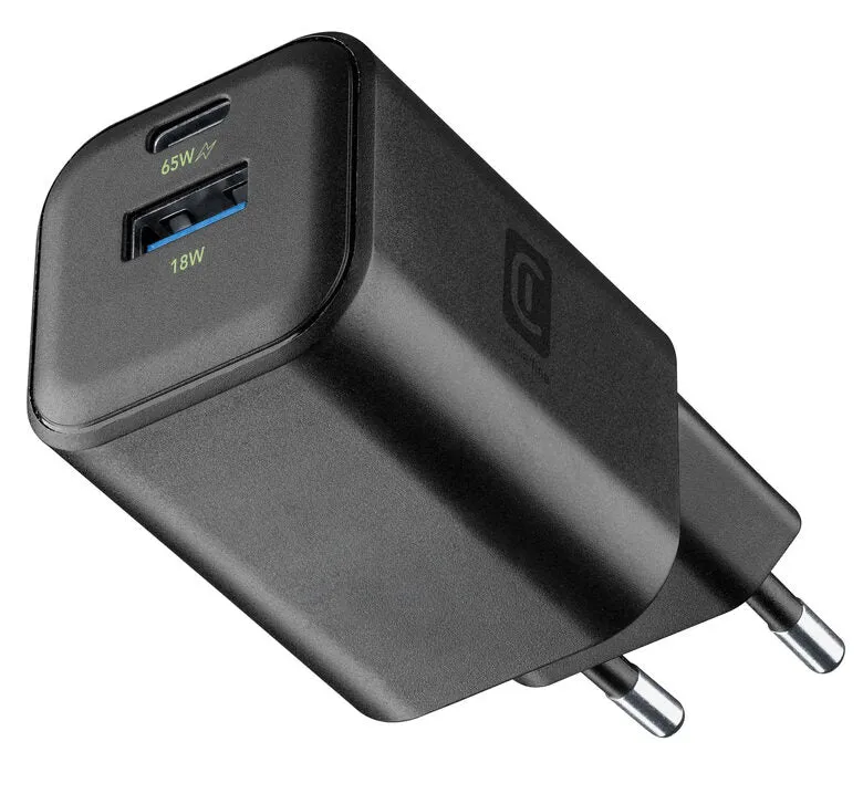 Cellularline MULTIPOWER 2 GAN ENTRY A+C 65W Caricabatterie da rete compatto 65W con 2 porte USB-C e USB-A con tecnologia GAN