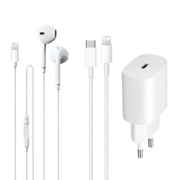Area Kit 3in1 - Auricolari a capsula, Cavo USB-C Lightning, Wall charger 20w per dispositivi Apple