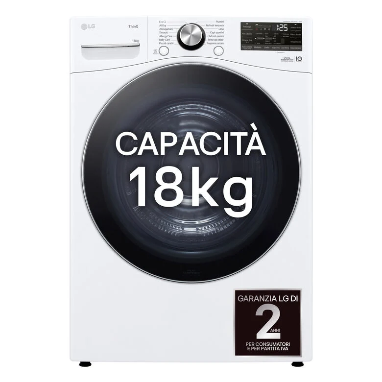LG RH18U8AVCW Asciugatrice A Libera Installazione 18 Kg, Pompa Di Calore, Dual Inverter, Motore Direct Drive, AI Dry, Wi-Fi, Classe D, Bianca
