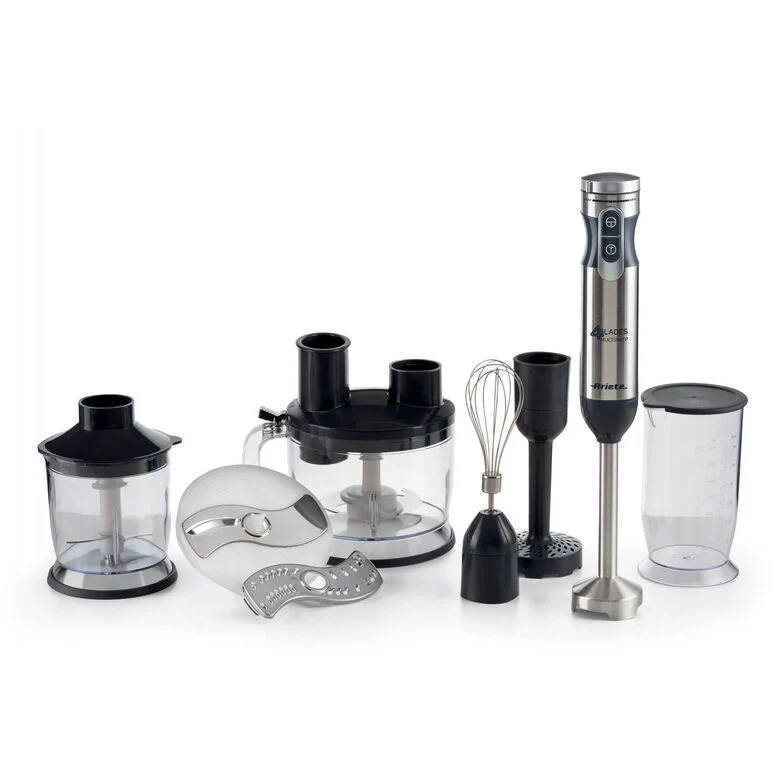 Ariete 898/1 4 Blades Multiprep 7in1, Frullatore a immersione, 7 funzioni, 1000W, 10 velocità + turbo, Capacità 2 L, Accessori inclusi, Silver