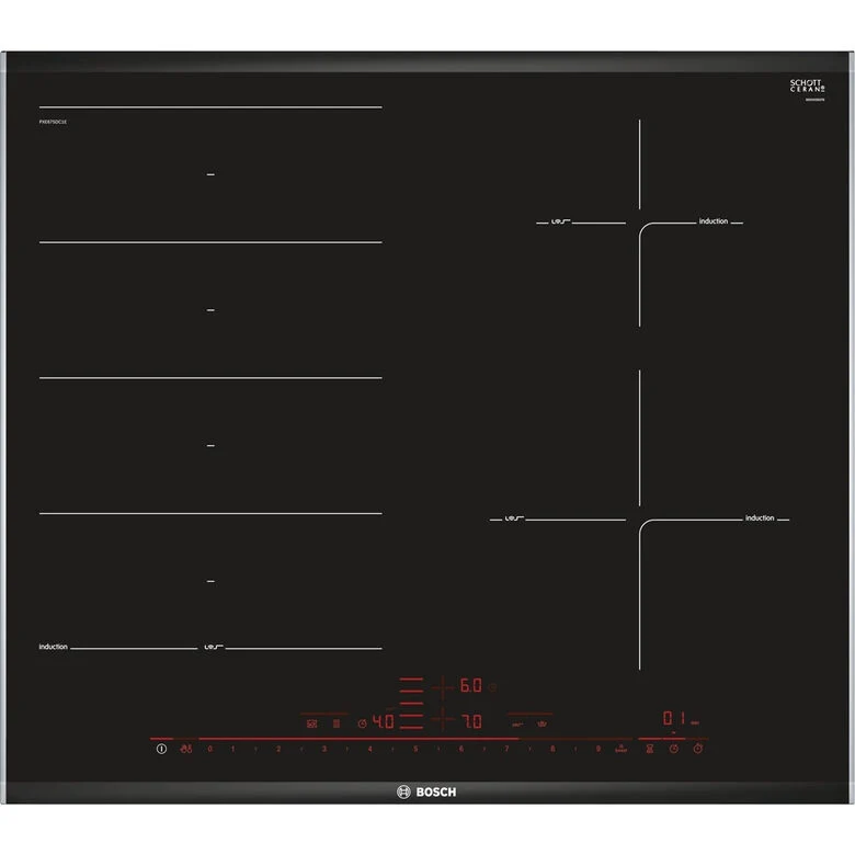 Bosch PXE675DC1E piano cottura Nero, Acciaio inossidabile Da incasso Piano cottura a induzione 4 Fornello(i)